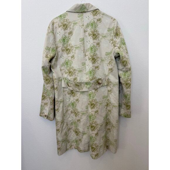 Vintage‎ Y2K Old Navy Floral Botanical Trench Coat Pockets Lined Green Cream L - Picture 2 of 9